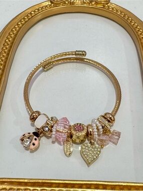 New Gold Tone Stainless Steel w/ Gold & Pink Beads Charm Bracelet